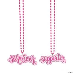 Pink Ribbon Bead Necklaces with Sayings - 12 Pc.