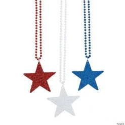 Red, White & Blue Bead Necklaces with Star - 12 Pc.